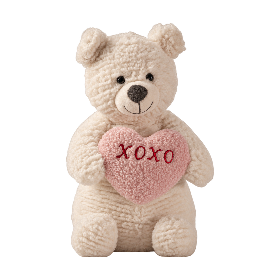 XOXO Bear plush, 10 in: white bear holding an XOXO heart [plush-photo:2026-09-29]