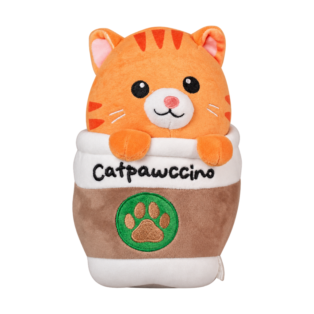 Catpawccino plush, 9 in: orange tabby in a coffee cup [plush-photo:2026-09-29]