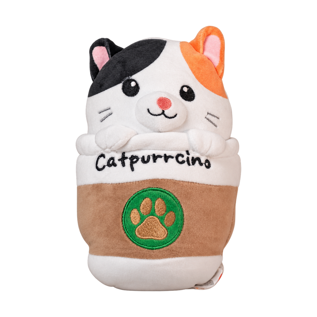 Catpurrcino plush, 9 in: calico kitten in a coffee cup [plush-photo:2026-09-29]