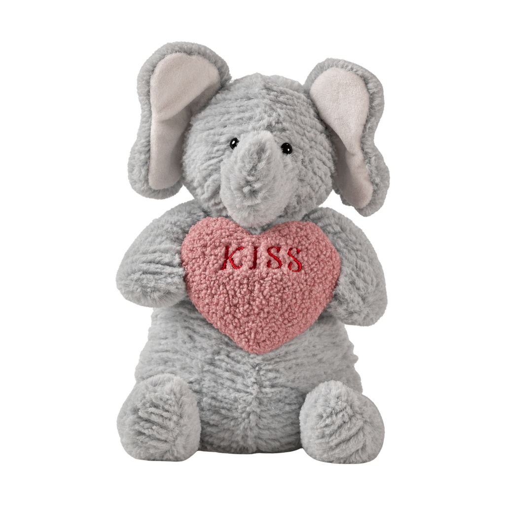 Kiss Elephant plush, 10 in: gray elephant holding a KISS heart [plush-photo:2026-09-29]