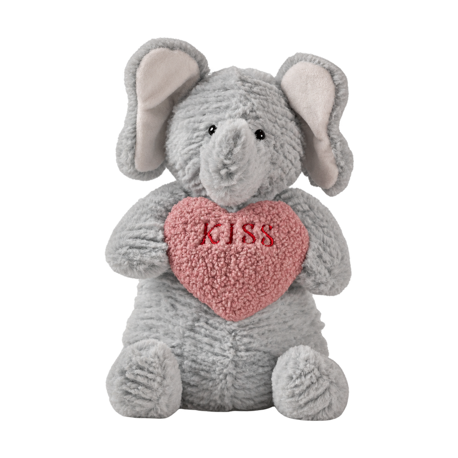 Kiss Elephant plush, 10 in: gray elephant holding a KISS heart [plush-photo:2026-09-29]