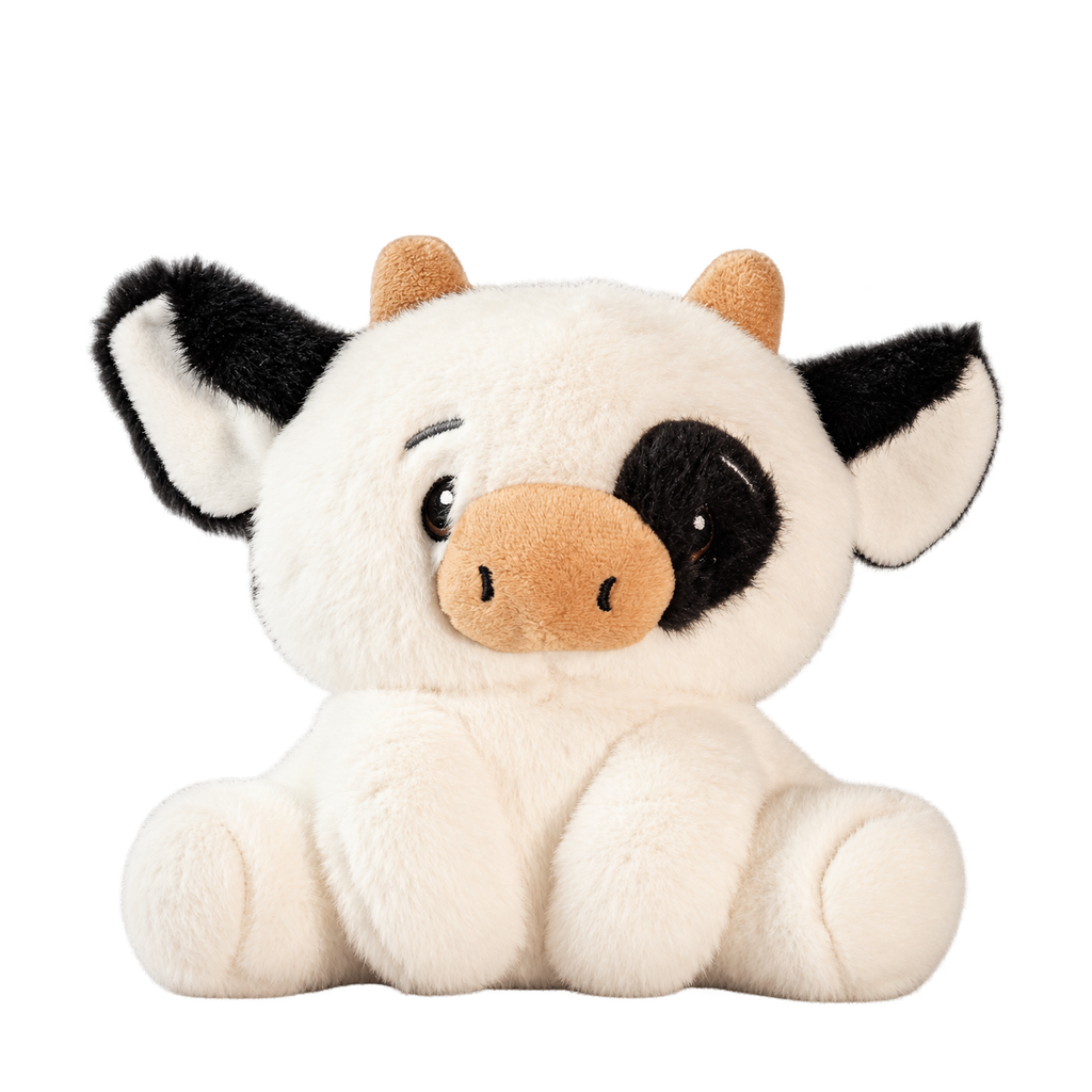 Farmyard Cow plush, 7 in: white cow with black patches [plush-photo:2026-09-29]