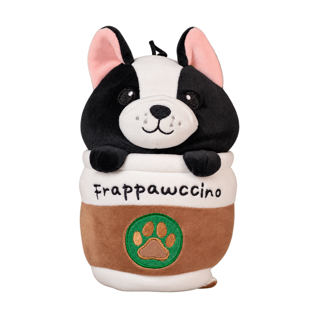 Frappawccino plush, 9 in: black and white pup in a coffee cup [plush-photo:2026-09-29]