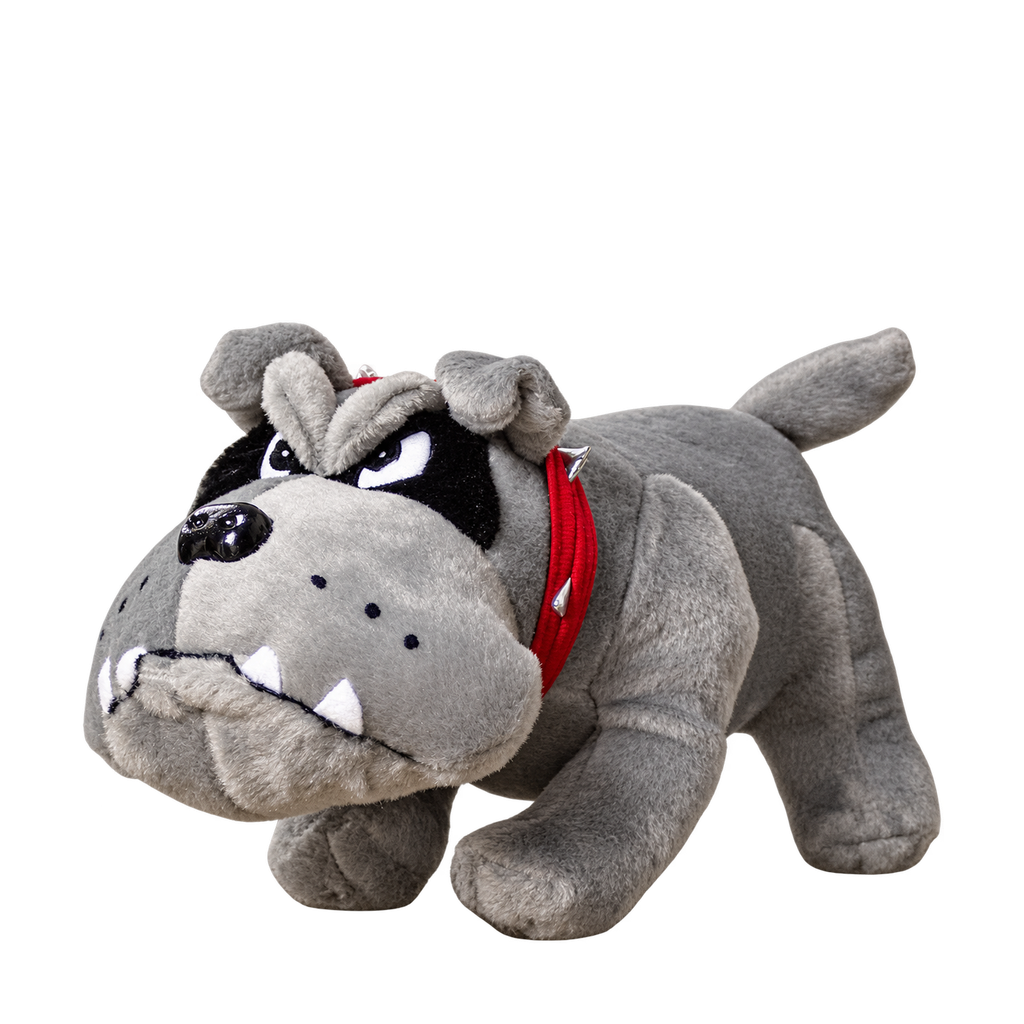 Tough Bulldog plush, 10 in: gray bulldog with a red collar [plush-photo:2026-09-29]
