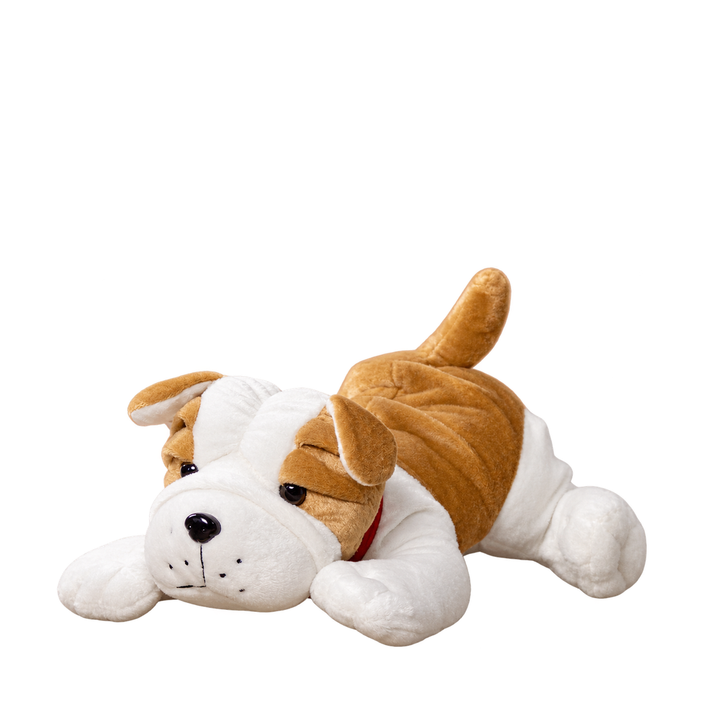 Lounging Bulldog plush, 19 in: big bulldog lying down, red collar [plush-photo:2026-09-29]