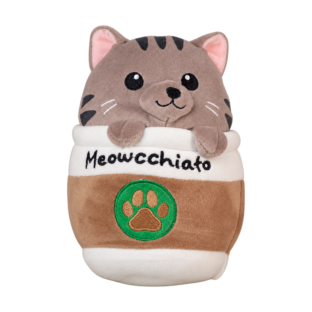 Meowcchiato plush, 9 in: gray tabby in a coffee cup [plush-photo:2026-09-29]
