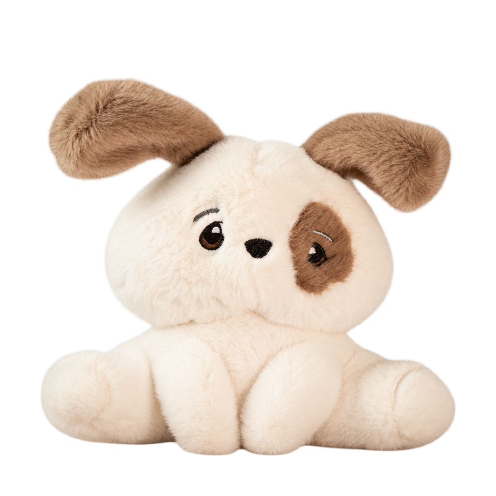 Patchy Puppy plush, 7 in: cream puppy with a brown eye patch [plush-photo:2026-09-29]