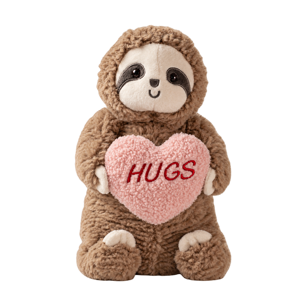 Hugs Sloth plush, 10 in: sloth holding a HUGS heart [plush-photo:2026-09-29]