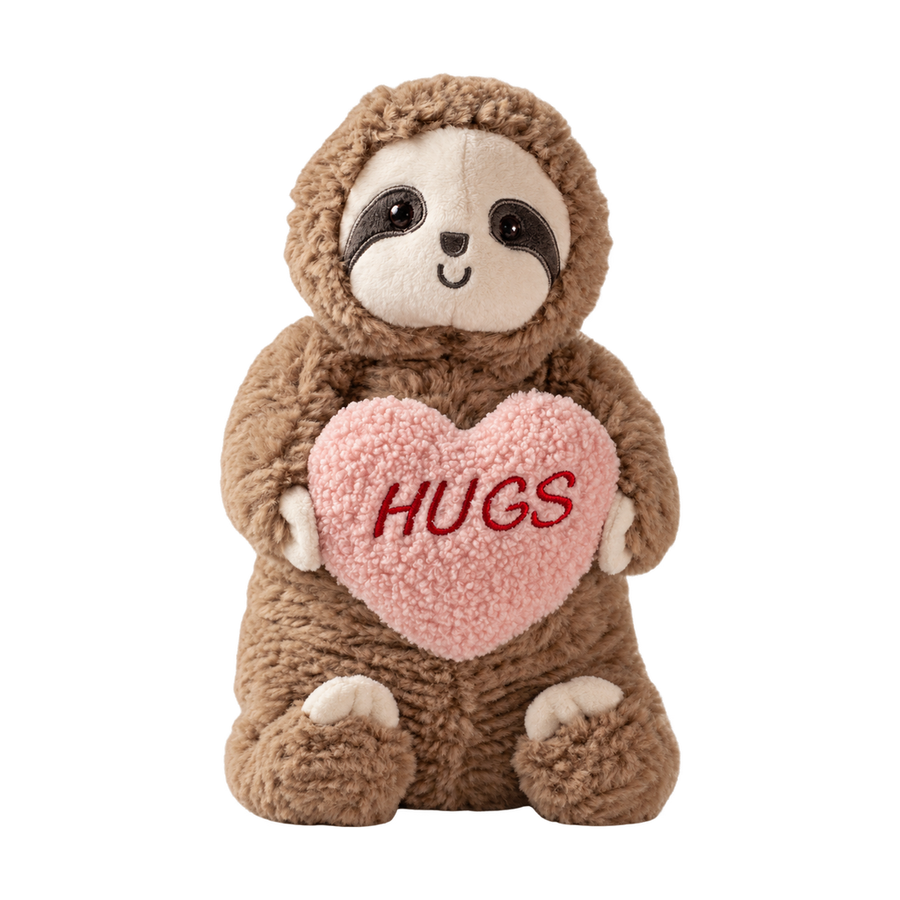 Hugs Sloth plush, 10 in: sloth holding a HUGS heart [plush-photo:2026-09-29]